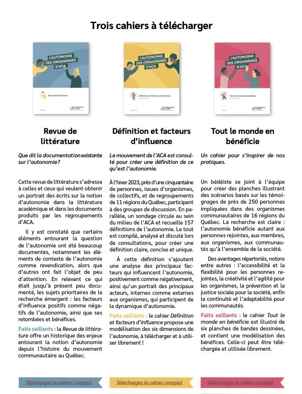 Aperçu des cahiers conçus par l'Observatoire de l'ACA au sujet de l'autonomie